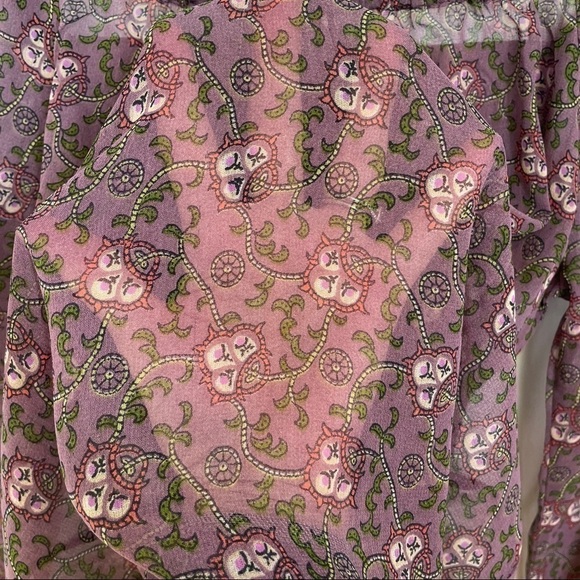 Anthropologie Lux Sheer Purple Floral Pullover Top w/Gold Embroidery Front Sz M - Picture 7 of 11